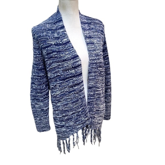 Chicos blue marled nubby Cotton blend midweight cardigan with fringe large - Picture 4 of 10